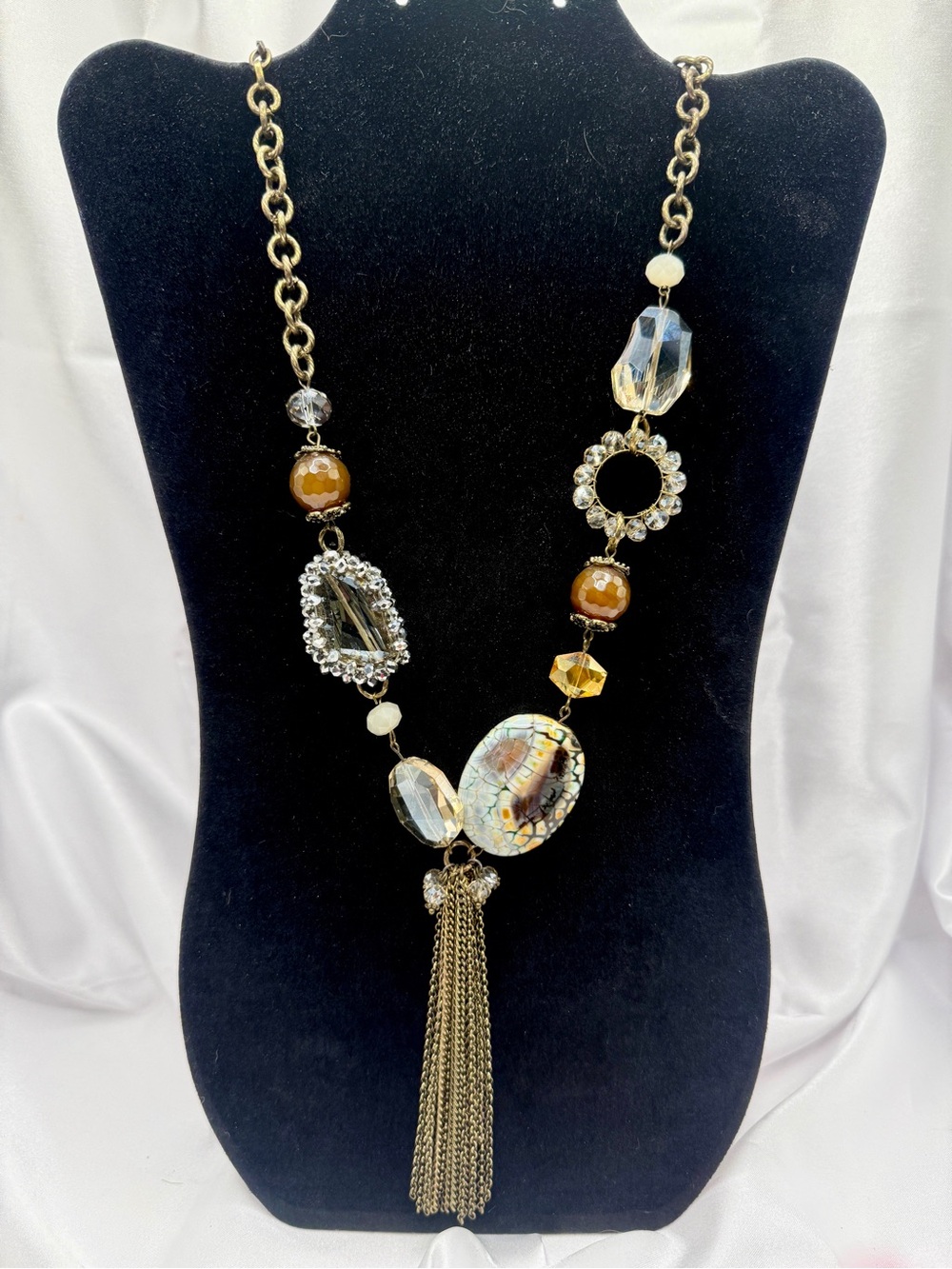 Boho Statement Necklace Crystal Beads Chain Tassel Antique Gold Tone